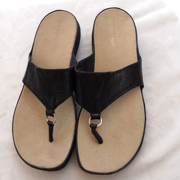 Rockport Black Leather Thong Sandals Size 10‎ Comfort Flip Flops - Picture 2 of 7